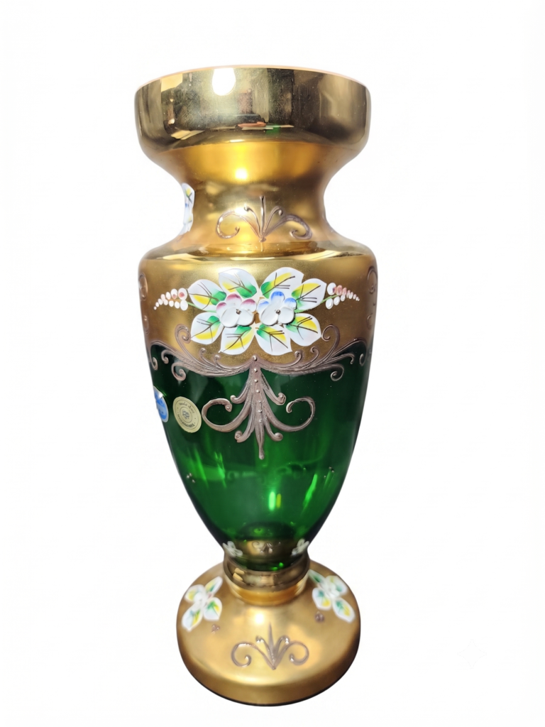 Egermann Green And Gold High Enamel Bohemian Glass Footed Vase