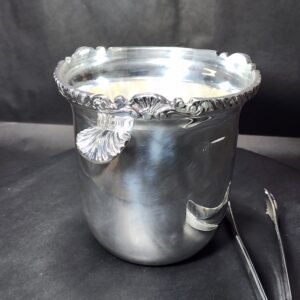 silver ice bucket with tongs