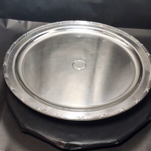 vintage silver plated round serving platter with reeded ribbon border