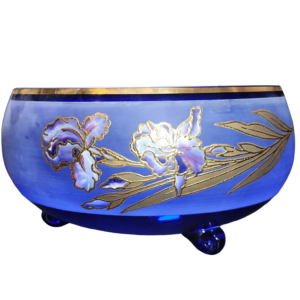 egermann hand painted periwinkle & cobalt blue bohemian crystal three footed large bowl