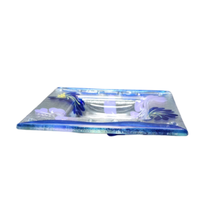 handcrafted square transparent fused glass plate with painted blue and lavender flowers