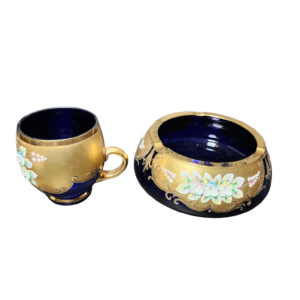 egermann high enamel blue crystal cup and ashtray set