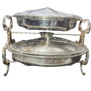 two tier silver plated chafing dish set with glass inserts and domed lids