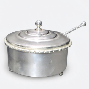 silver plated sugar bowl with glass insert and serving spoon