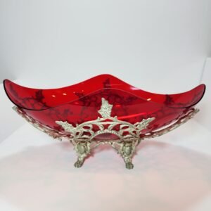 red acrylic plexi decorative bowl with silver filigree mounts