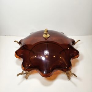 amber plexi footed bowl with lid and bronze