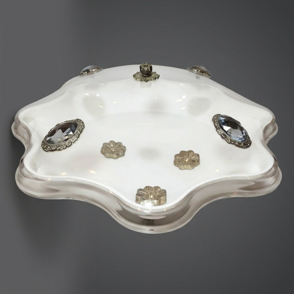 White Plexi Covered Bowl With Silver Stone Inlays