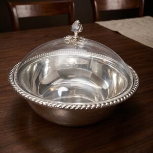 silver plated covered serving dish with floral dome lid