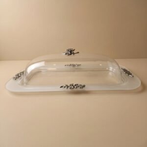 Clear Plexi Rectangular Covered Cake Stand With Silver Leaf Accents