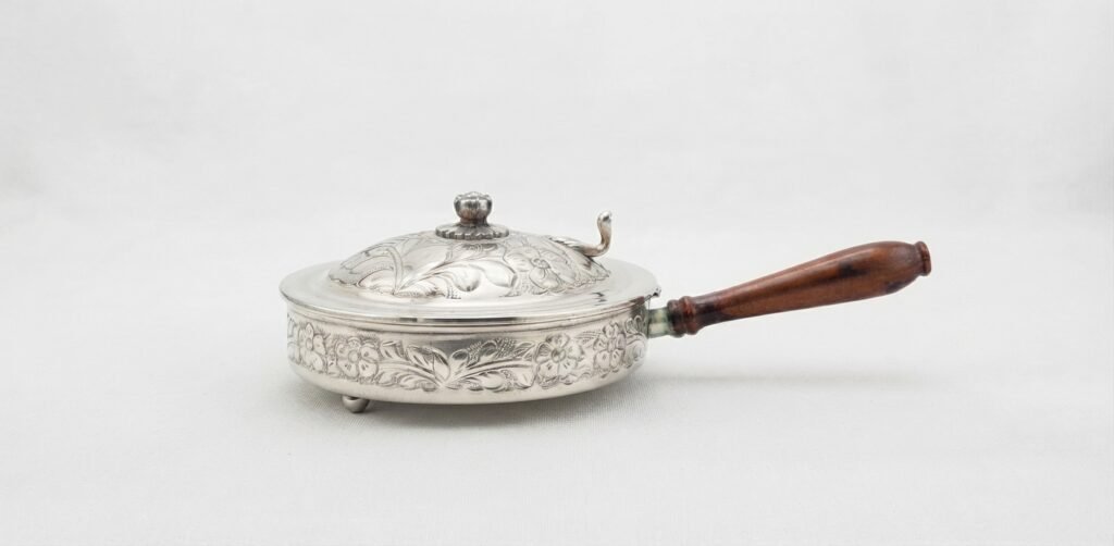 Vintage Silver-Plated Serving Pan With Engraved Floral Lid And Wooden Handle