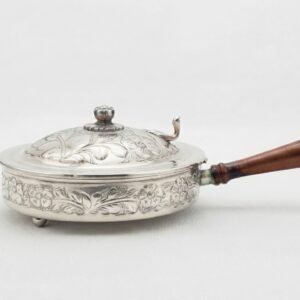 vintage silver plated serving pan with engraved floral lid and wooden handle