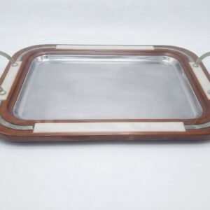 silver plated serving tray with wood and leather accents