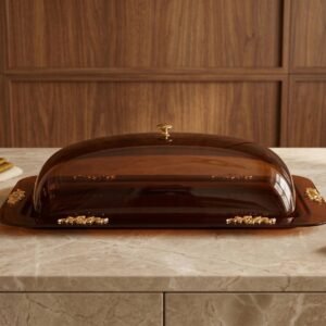 amber plexi rectangular cake stand with gold accents