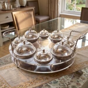 8 piece silver plated covered bonbonnière set with twisted handles on plexi tray