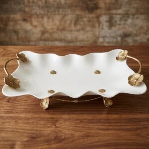 Long White Plexi Centerpiece Bowl With Bronze Floral Accents
