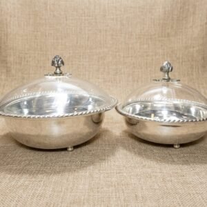 set of 2 silver plated lidded serving dishes with removable glass liners