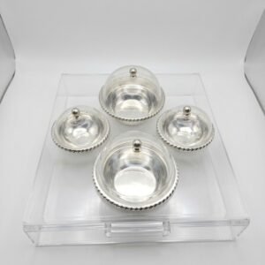 4 piece silver plated covered bonbonnière set on plexi tray