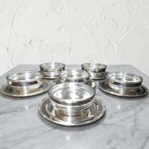 silver plated dessert bowl set with removable glass liners and matching saucers (set of 6)
