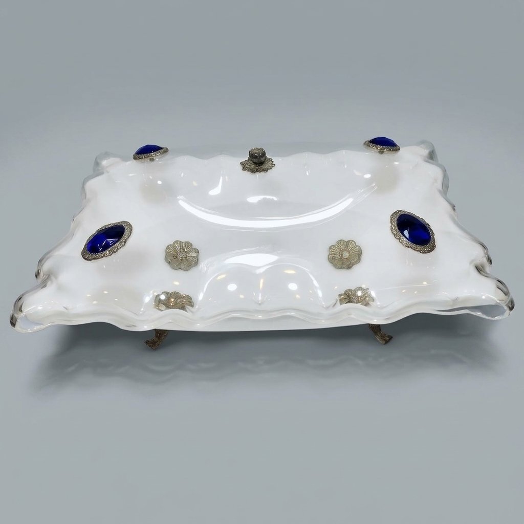 White Plexi Centerpiece Bowl And Blue Stone Inlays