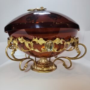 amber acrylic plexi decorative bowl with ornate bronze mounts and orange stones